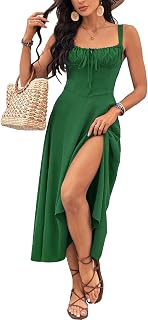 Women Summer Low Cut Sleeveless Wedding Guest Dresses Casual Square Neck Long Floral Corset Dress Flowy Slit Dresses DJ8818