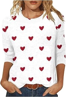 Maglietta da donna con maniche a 3/4, girocollo, per San Valentino, con stampa a cuore