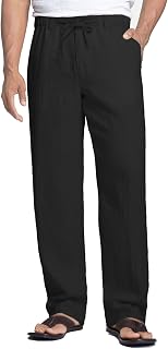 Coofandy Pantalones de Lino Casual para Hombre, de algodón, Cintura elástica con cordón - Negro - Large