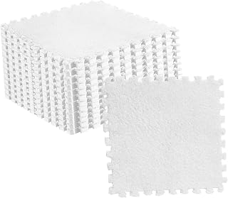 Acouto 10pcs Plush Puzzle Floor Foam Mat Tiles Cuttable Slip Interlocking Carpet Tiles in Fluorescent Plush Floor Mat Tilesplush Puzzle Matinterlocking Carpet Tilesplush in (White)