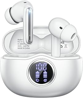 Fhumsh Wireless Earbuds, Bluetooth 5.3 Headphones HiFi Stereo 50H Playback LED Digital Display Ear Buds with ENC Noise Canceling Headset, IPX7 Waterproof Earphones for Gym/Running/Work（White）