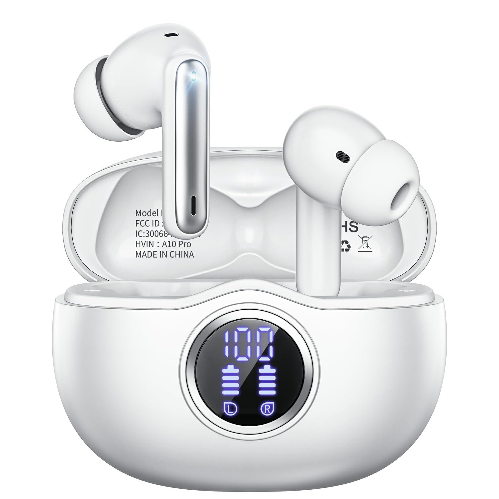 Fhumsh Wireless Earbuds, Bluetooth 5.3 Headphones HiFi Stereo 50H Playback LED D
