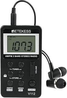 Retekess V112 AM FM Pocket Radio, Digital Radio with Earphone, Rechargeable Battery Radio with LCD Display for Walking, Jogging, Training(Black)