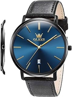 OLEVS Men Leather Watches Black Ultra Thin 6.5mm Minimalist Dress Fashion Simple Casual Waterproof Date Watch for Men