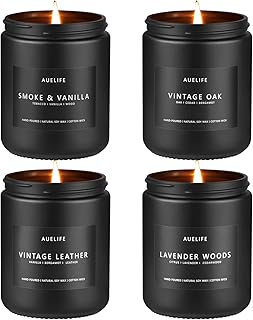 Scented Candles Set | Men Candles Gift Set, Candles for Him, 4 Pack Scents of Lavender/Leather/Oak/Smoke & Vanilla - Home Fragrance