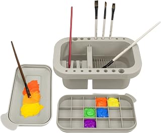 MyLifeUNIT Paint Brush Cleaner, Paint Brush Holder with Palette, Grey | 18 mixing wells, 16 slots fitting 0.24-0.63 in diameters, 3 washing compartments, removable tray lid