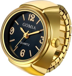 JewelryWe Unisex Finger Ring Watch: Retro Gold Stretchy Elastic Band Men Ladies Round Black Dial Quartz Analogue Lightweight Novelty Watches for Daily Office for Father's Day