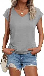Women's Summer Casual Loose Fit Cap Sleeve V-Neck T-Shirt