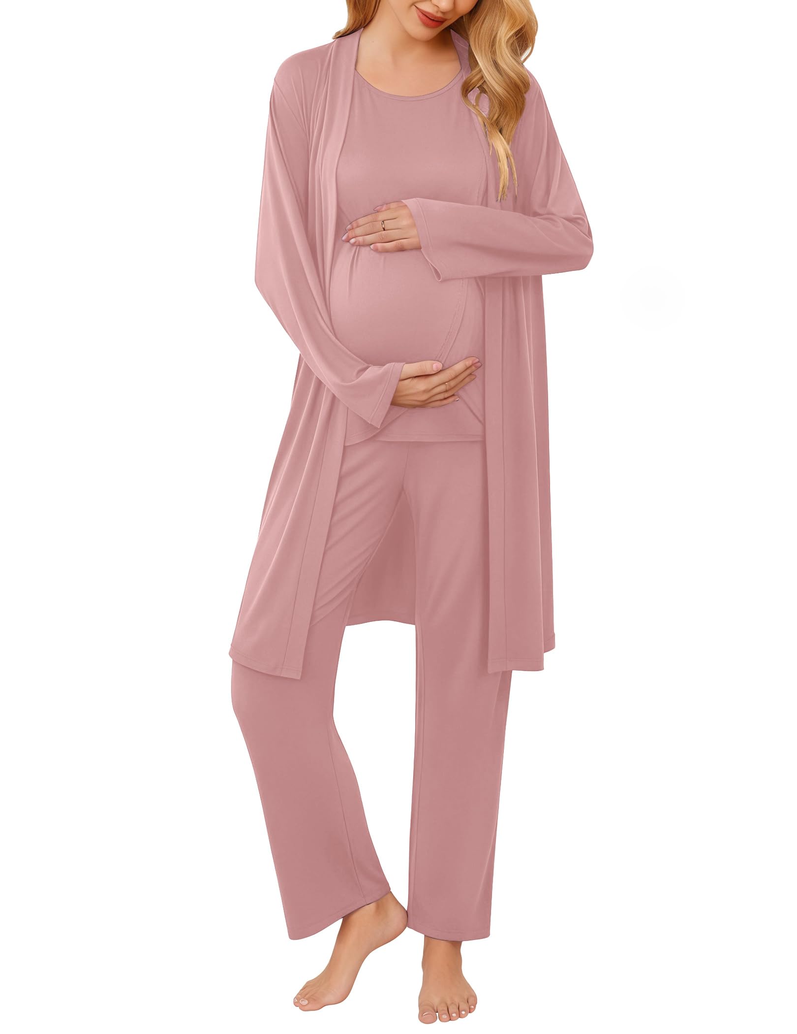 Ekouaer Maternity Pajamas Nursing Robe Set 3 Pieces Post Partum Lounge Sets