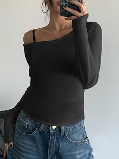 Women's Long Sleeve Off Shoulder Tops Solid Color Slim Fit Tops, Black, S