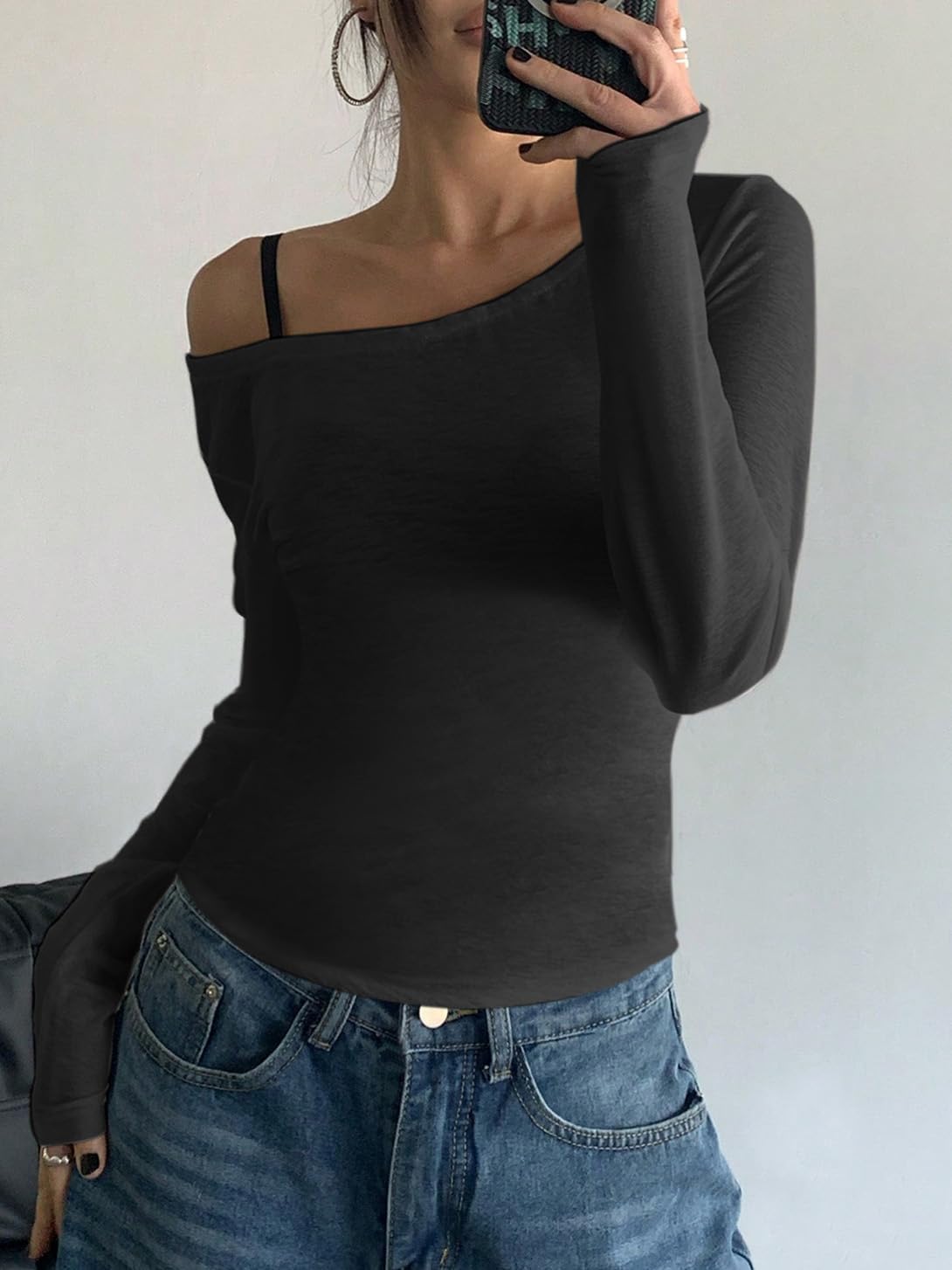 Women's Long Sleeve Off Shoulder Tops Solid Color Slim Fit Tops, Black, S