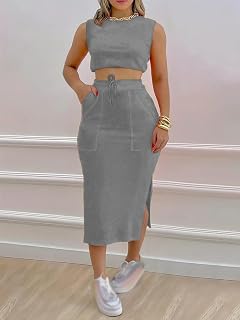 Women Travel Outfits Skirts Set of 2 Sleeveless Crop Top and High Waist Drawstring Athletic Skirt Outfits