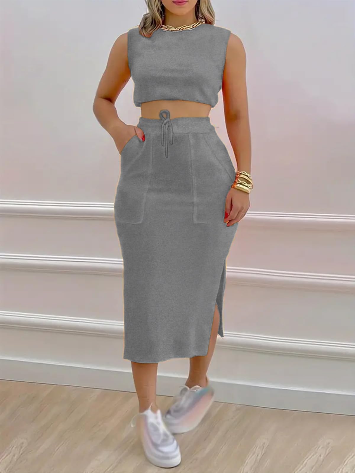 Women Travel Outfits Skirts Set of 2 Sleeveless Crop Top and High Waist Drawstri