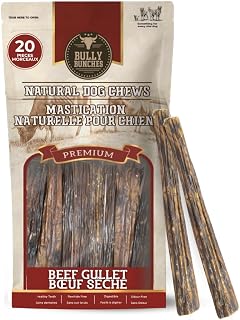 Bully Bunches All Natural 6 Inch Beef Jerky Sticks – Soft and Crunchy Gullet Chews - Odour Free, Rawhide Free, Chemical Free – Safe, Healthy and Nutritious Dog Treats for Light Chewers, 20 Pk