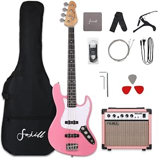 Fojill Full Size 4 Four String Electric Bass Guitar 20W Watt Amplifier Amp Right Hand Beginner Starter Kit Set Combo Bundle Accessory Gig Bag,Strap,Picks,Capo,Noiselss Cable,Strings (Pink)