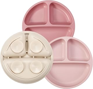 PandaEar 3 Pack Toddler Plates, Silicone Divided Suction Plate for Babies, BPA-Free 100% Food-Grade Silicone Unbreakable Baby Plate, Pink/Linen/Light Pink