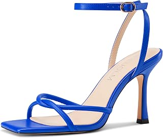 HDEUOLM Women's Stiletto High Heel Square Toe Cap Sandals Ankle Strap Prom Party Dress 10cm Heels