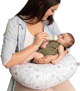 Boppy Nursing Pillow, Safe Ergonomic Breastfeeding & Baby Feeding Support | U-Shaped Ergonomic Design, Softer Cushiony Fill, Machine-Washable & Dryer-Safe Cover - Gray Gentle Leaves