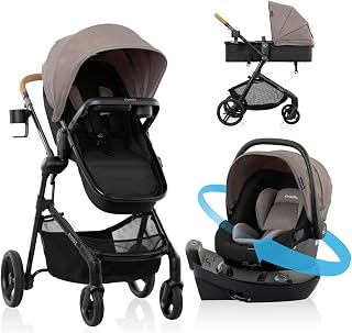 Evenflo Pivot NXT Travel System w/ Revolve180 LiteMax NXT Infant Car Seat | 6 Modes of Use, Rotating Rear-Facing Lightweight Preemie and Infant Car Seat 3-30 lbs (Driftwood Brown)