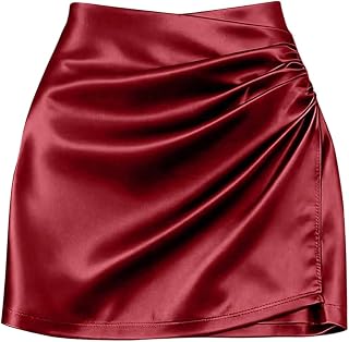 SHENHE Women' Satin Wrap Skirt Ruched Bodycon Dressy Silky Mini Skirt