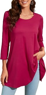 Enmain Women's Long Sleeve Tunic Top 3/4 Sleeve Round Neck Blouse Solid Color Floral Pattern Paisley Elegant Shirt