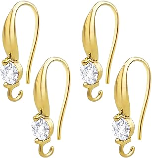 4pcs Golden Earring Hooks Round Rhinestone Brass French Fish Hook with Open Loop Ear Wire Connectors DIY Dangle Earrings Jewelry Making Decoration