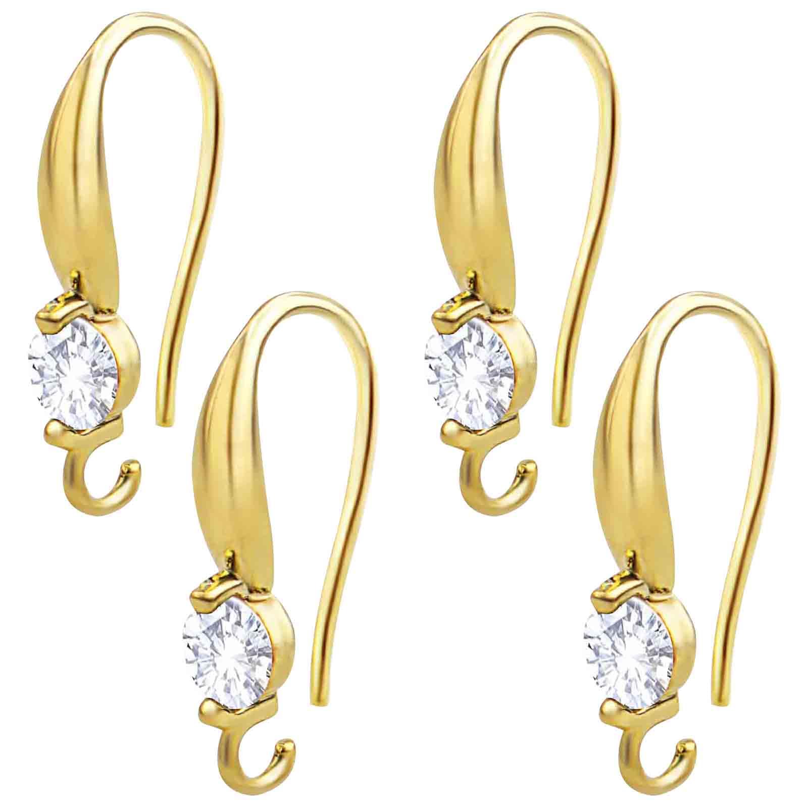 4pcs Golden Earring Hooks Round Rhinestone Brass French Fish Hook with Open Loop