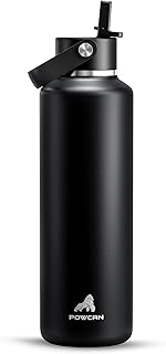 POWCAN 24 oz Slim Insulated Water Bottle with Straw: Leakproof, Keep Cold 24H, Cupholder Friendly, Top Handle, BPA-free, Stainless Steel Water Bottle for Sport, Travel, School, Gym (Midnight Black)