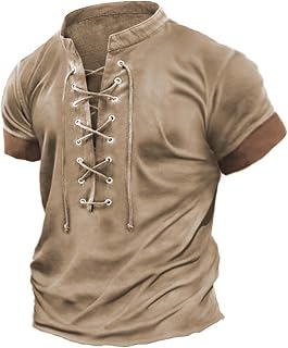 PETCDIM Mens Short Sleeve Tactical Henley Shirts V Neck Lace Up Pirate Hippie Shirts Washed Distressed Yoga African Beach Top