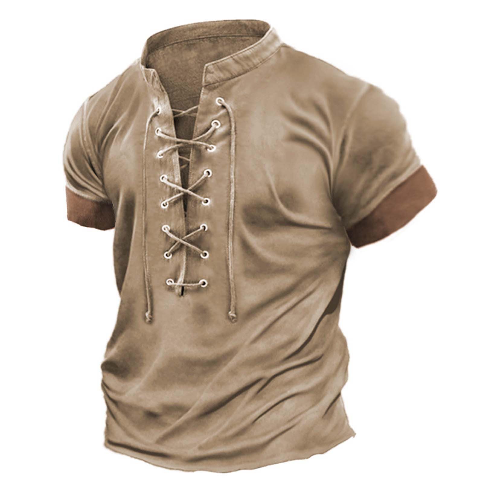 PETCDIM Mens Short Sleeve Tactical Henley Shirts V Neck Lace Up Pirate Hippie Sh