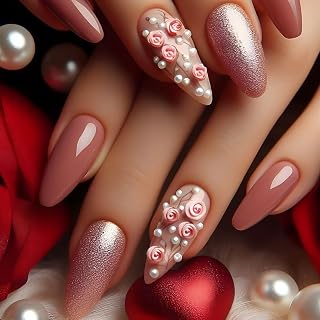 Valentine Press-On Nails French Pink Fake Nails Long Almond Acrylic Glitter Fake Nails 3D Rose Design Full Cover Stick On Nails Reusable Glue for Women Girls DIY Manicure