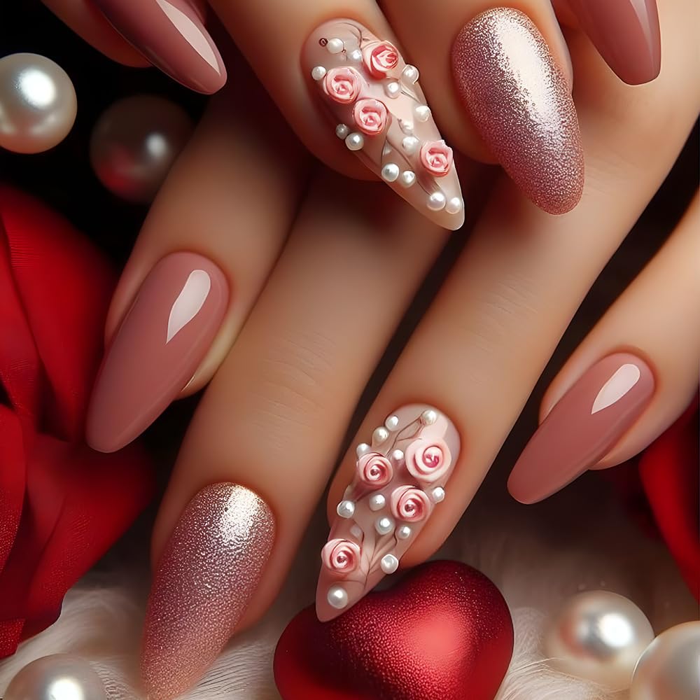 Valentine Press-On Nails French Pink Fake Nails Long Almond Acrylic Glitter Fake