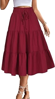 Women's High Elastic Waist Midi Skirt Casual Summer Trend Tie Front Flowy Ruffle Floral Print A-Line Skirt DJ626
