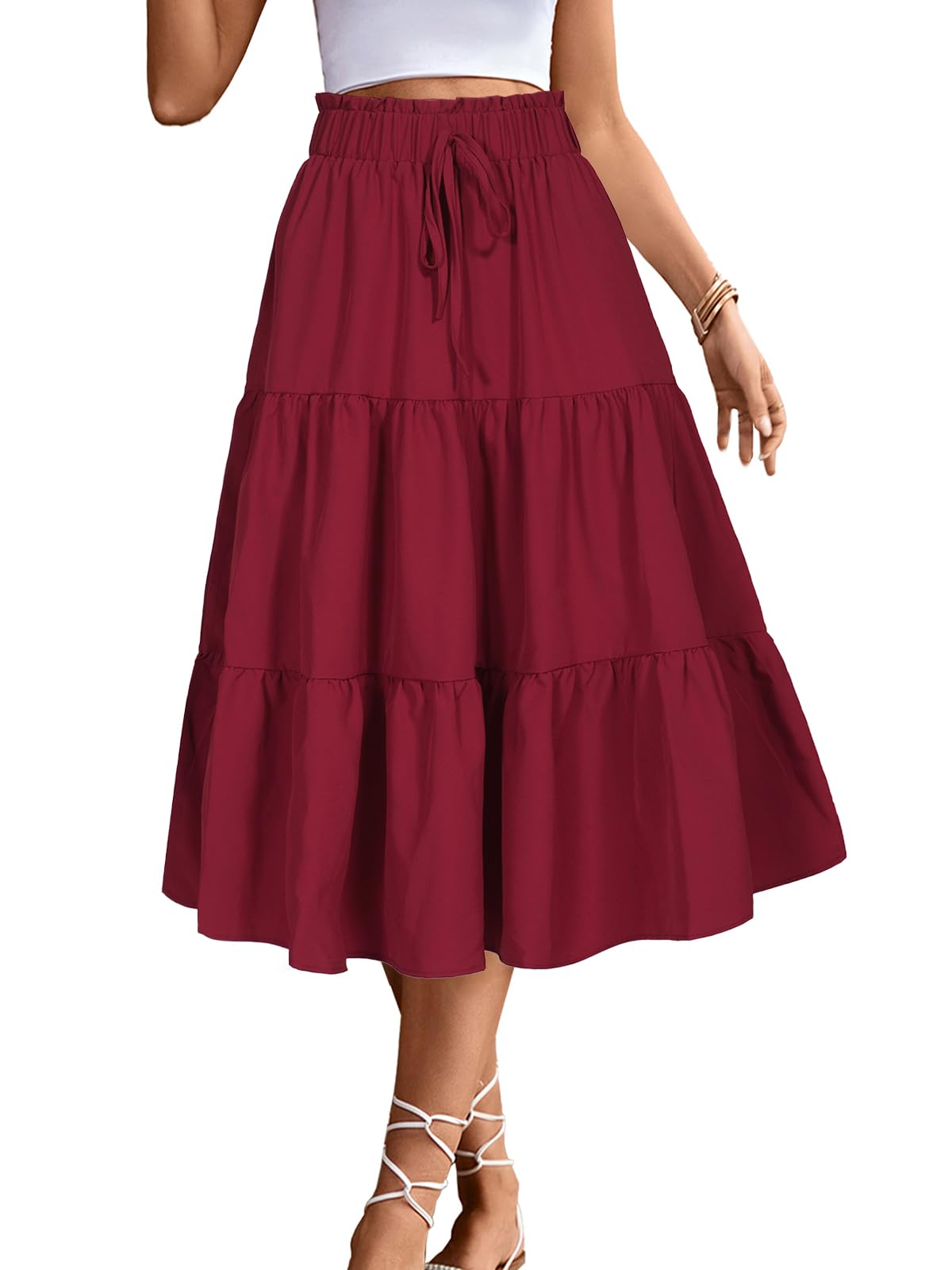 Women's High Elastic Waist Midi Skirt Casual Summer Trend Tie Front Flowy Ruffle