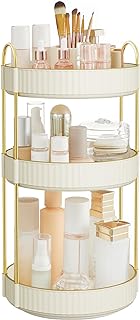 SONGMICS Rotating Makeup Organiser, 3-Tier Round, Vanity Organiser | Skincare Toiletries Cosmetics Organiser, Gift, White and Gold, GLORA Collection JKA011W01