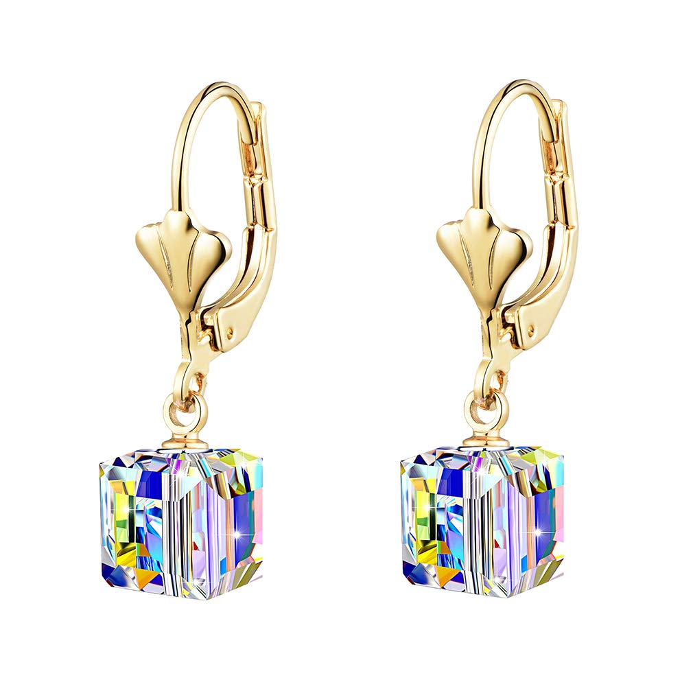 EVEVIC Austrian Crystal Cube Drop Leverback Earrings for Women