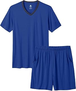 MoFiz Men's Pyjamas Summer Short Pyjamas Two Piece Pajamas Set Short Sleeve V Neck Pyjamas Shirt and Shorts Soft Comfortable with Pockets