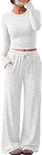 Trendy Queen Women's 2 Piece 2026 Fall Fashion Lounge Set with Pockets | Airport Outfit, Athleisure Workout Set, Fall Wardrobe Staple, Winter Style, Side-Ruched Top, Drawstring Wide-Leg Pants