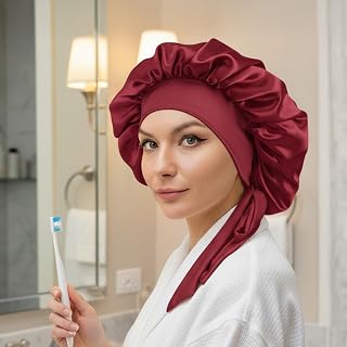 Satin Bonnet Cap for Sleeping Women - Adjustable Hair Bonnet, Elastic Tie, Reversible Sleep Cap for Curly Hair