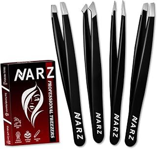 NARZ 4Pcs Professional Tweezer for Facial Hair Women & Men Stainless Steel Precision Tweezers for Ingrown Hair Tweezers for Men & Women (Black Set)