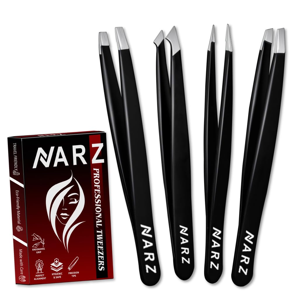 NARZ 4Pcs Professional Tweezer for Facial Hair Women & Men Stainless Steel Preci