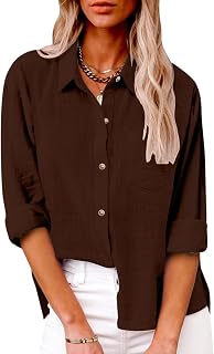Cotton Linen Tops for Women Lapel Long Sleeve Button Down Blouse Lightweight Casual Loose Work T Shirts with Pockets