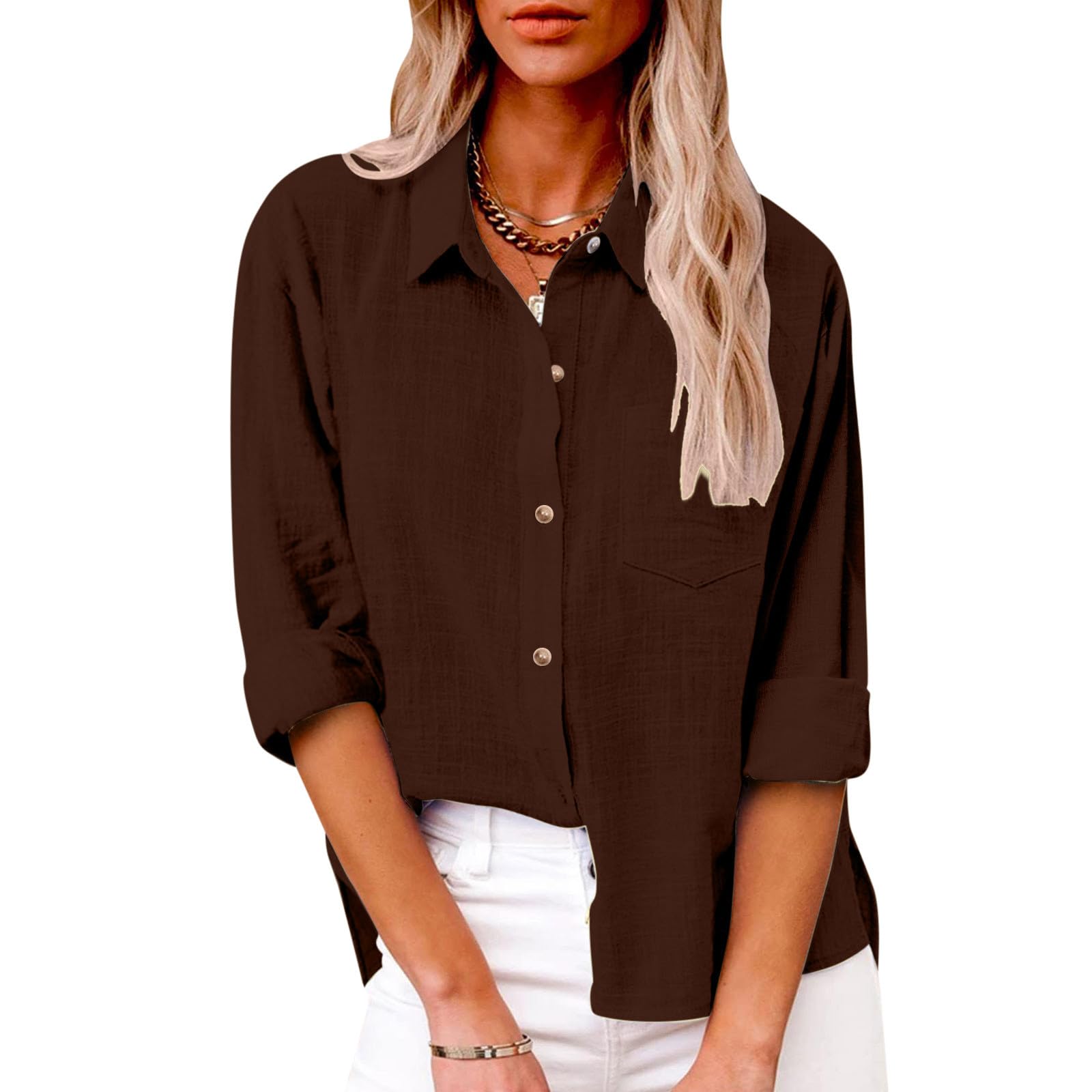 Cotton Linen Tops for Women Lapel Long Sleeve Button Down Blouse Lightweight Cas