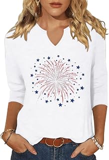 Vircreate Womens 3/4 Sleeve V Neck T-Shirts American Flag Star 4th of July Shirts Independence Day Tees
