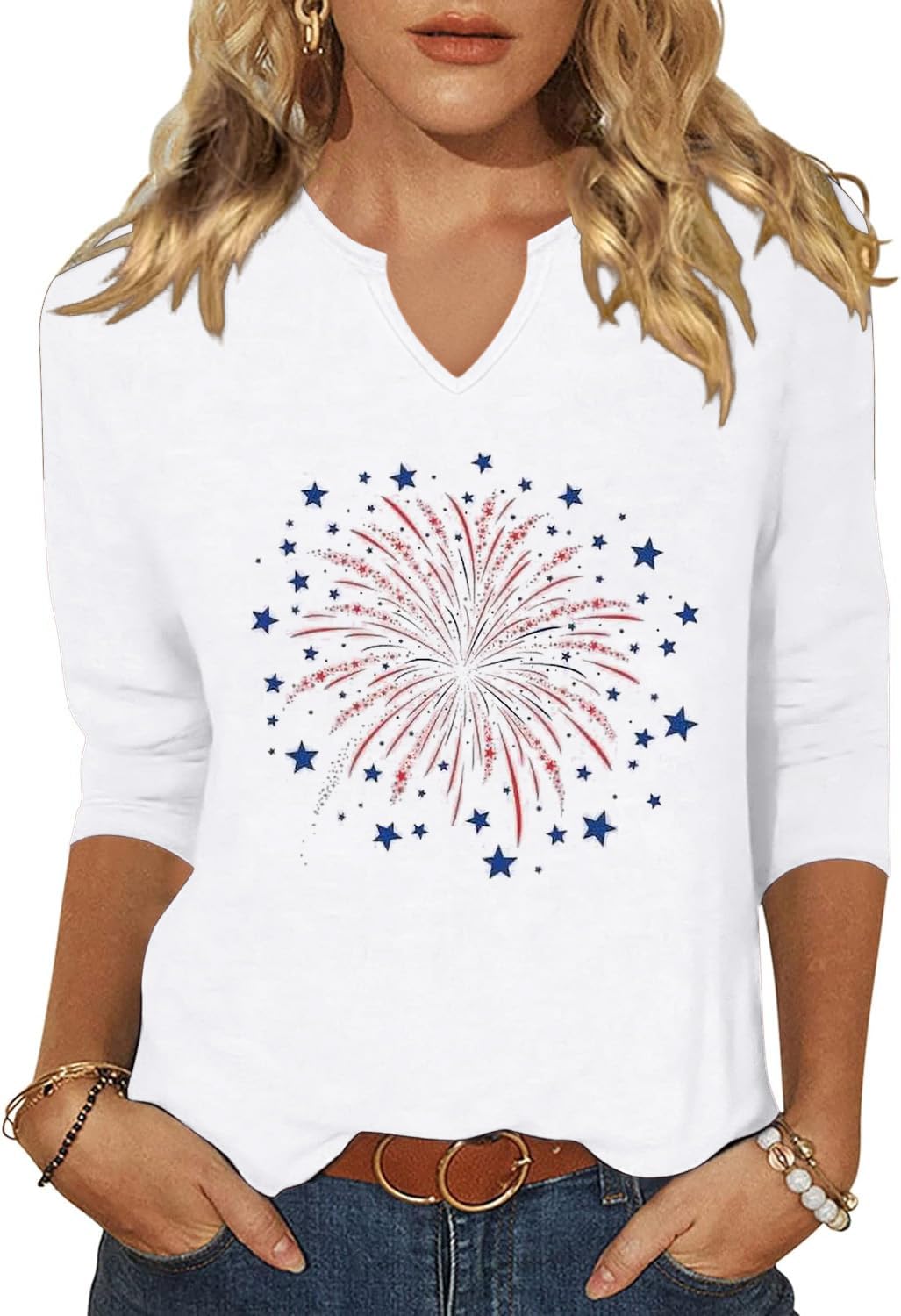 Vircreate Womens 3/4 Sleeve V Neck T-Shirts American Flag Star 4th of July Shirt