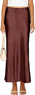 Womens Satin Silk Maxi Skirts Drawstring Flared Casual A-Line Leopard Print Long Skirt for Women
