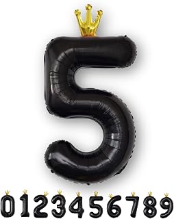 La Kissa Number Balloons, Birthday Decoration, Balloons, with Crown, Crown, 40 inches, Large, with Straw, Number Balloons, Approx. 90cm, Anniversary (Crown Black, 5)