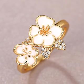 Aesthetic Enamel Flower Women Ring Gold Color Shiny Cubic Zirconia Jewelry for Engagement