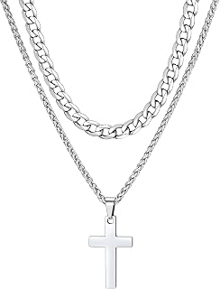 ChainsHouse Cross Necklace for Men Women, Sliver Black Gold Plated Crucifix Pendant Necklaces Layered Cuban Chain Stainless Steel Jewellery Gift