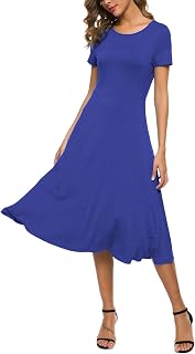 EXCHIC Women's Short Sleeve Solid Color Round Neck Elastic A-Line Dress Casual Elegant Round Neck Midi Dress